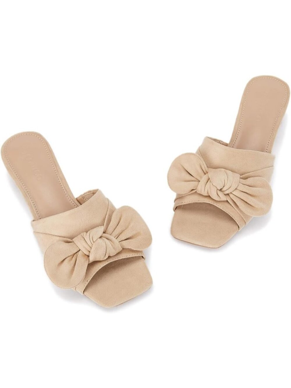 Women's Khaki Faux Suede Summer Square Open Toe Bow Slides Chunky Low Heel Shoes